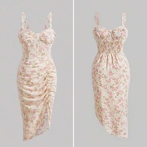 Floral Print Ruched Asymmetrical Hem Cami Dress